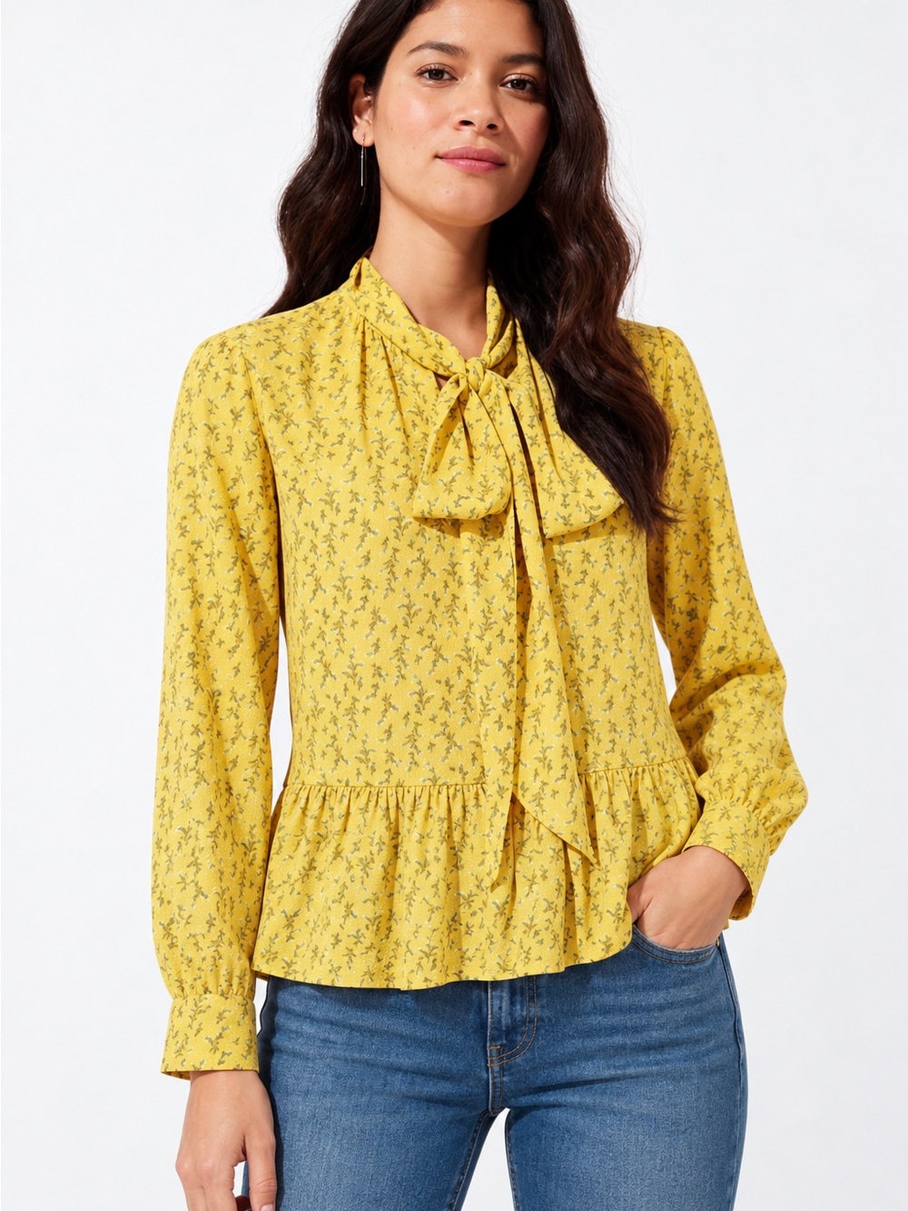 LOFT Yellow Floral Tie-Neck Peplum Blouse